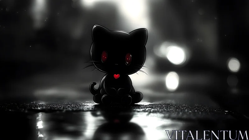 Midnight neon kitten with glowing heart on rainy asphalt.