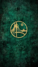 Circular mountain emblem is centered on textured green field