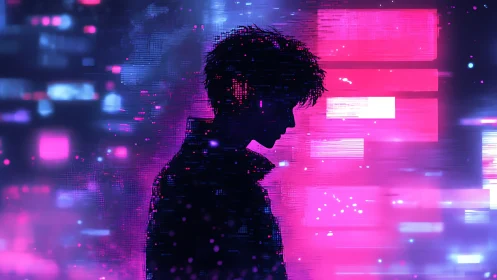 Neon-glitch silhouette within high-saturation cybernetic skyline.