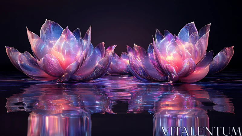 Luminous crystal lotuses glow over mirrored neon water.