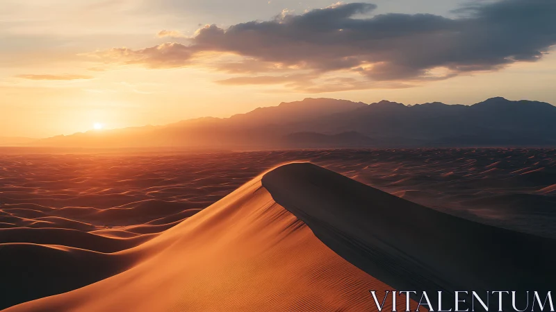 Sunlit dune spine slices softly through an ember desert