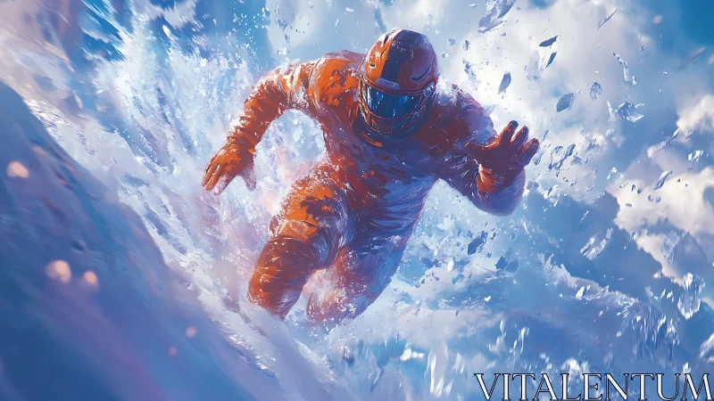 Dynamic astronaut sprint through crystalline ice burst environment.