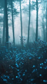 Blue glowing wildflowers illuminate misty forest understory