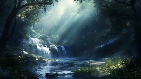 Enchanted Forest Waterfall with Heavenly Light