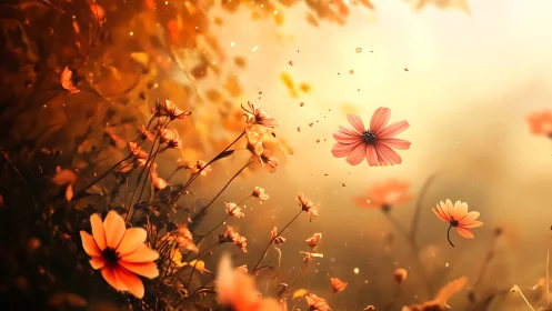 Cosmos flowers scatter and fragment through warm golden light