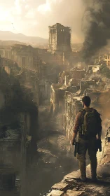 Lone survivor overlooking ruined post apocalyptic cityscape.