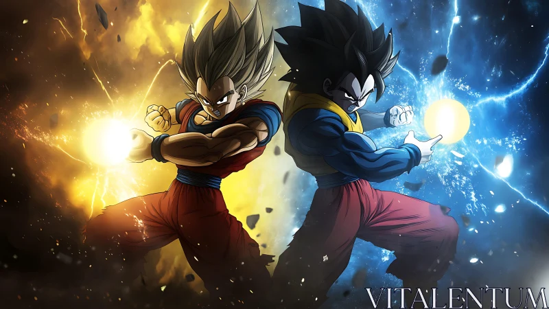 Fiery heroes stand back to back in a storm of bright power.