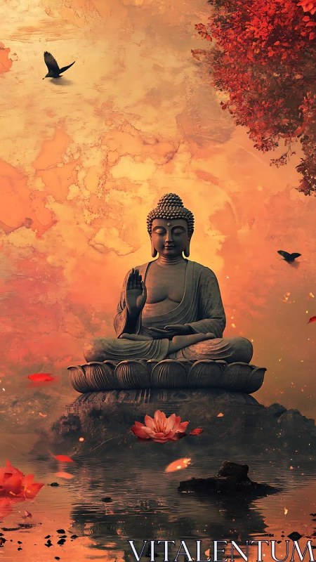 Serene Buddha statue meditates above reflective lotus pond