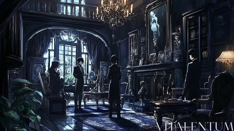 Victorian-style interior with four figures in formal attire.