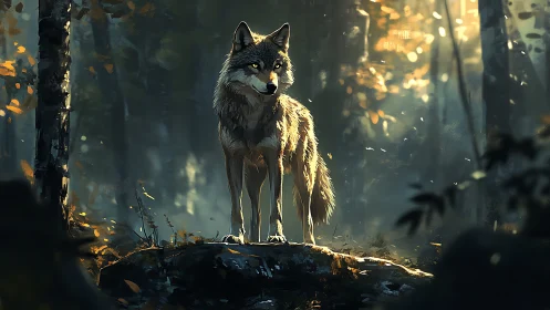 Backlit wolf on forest outcrop under volumetric morning shafts
