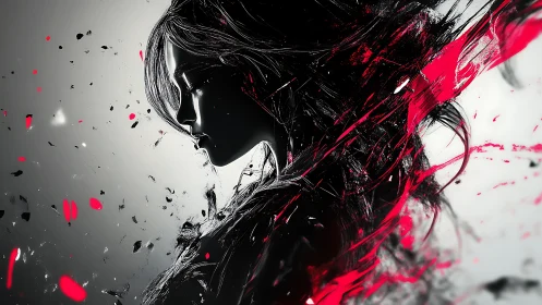 Profile silhouette merges with red and black abstract motion