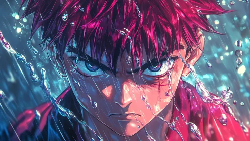 Close frontal anime portrait in heavy rain with water droplets.