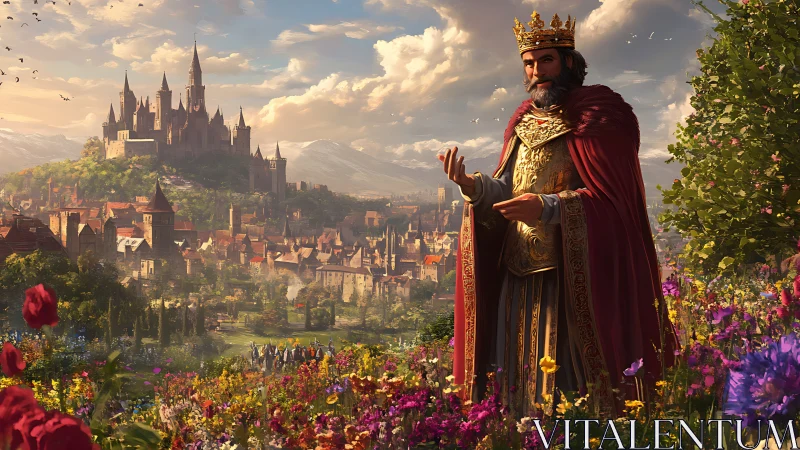 Regal king in crimson cape overlooking bright medieval city.