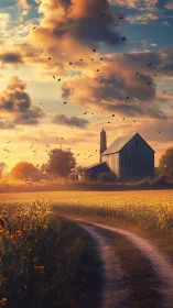 Sunlit country barn beside winding field path at dusk.