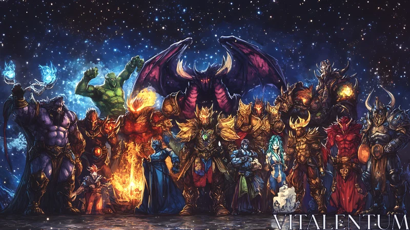 Lineup of armored fantasy figures arranged under star field