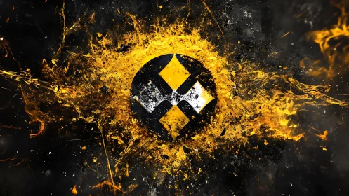 Black circular emblem shatters outward in bright yellow flames
