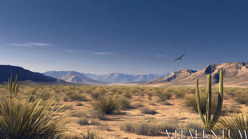 Photorealistic desert basin with cacti and distant ridges.