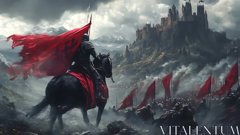 Crimson war banners churn as the black rider claims the hill