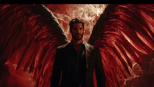 Fallen angel in suit framed by blazing red wings and smoke.