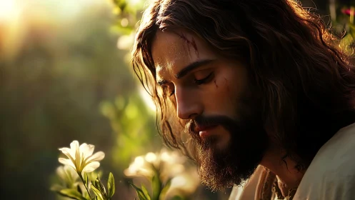 Contemplative robed man in golden backlit garden portrait.