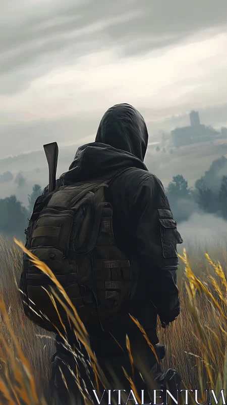 Hooded figure with backpack surveys distant rural landscape