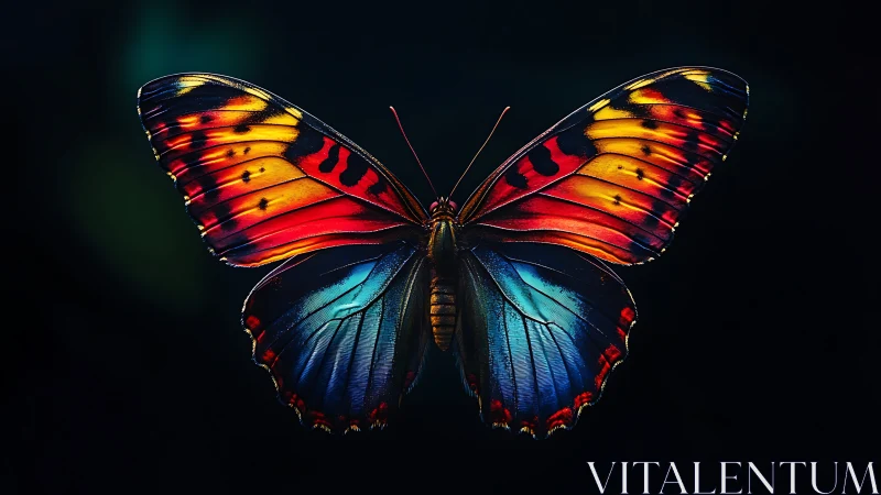 Butterfly specimen is centered against uniform dark background