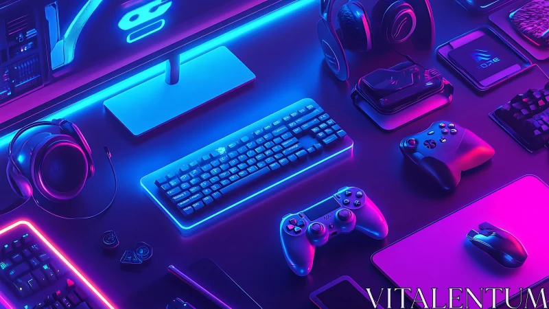 Neon gamer altar of keyboards, controllers, and midnight glow.