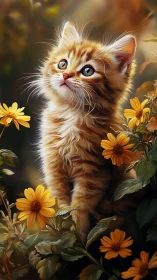 Ginger Kitten Portrait with Volumetric Rendering Among Daisy Flowers
