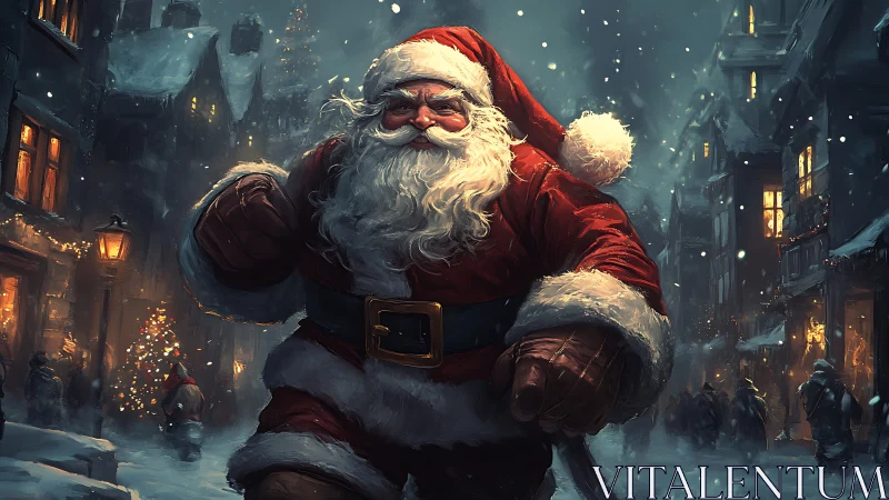 Dynamic Santa Claus strides through a cinematic winter street