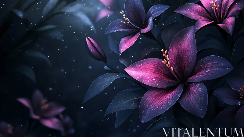 Luminescent Purple Flowers Against Dark Starry Background.