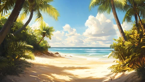 Tropical Beach Cove: Digital Landscape with Framing Palms.
