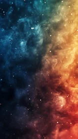 Cosmic dust clouds swirl through deep blue and ember light