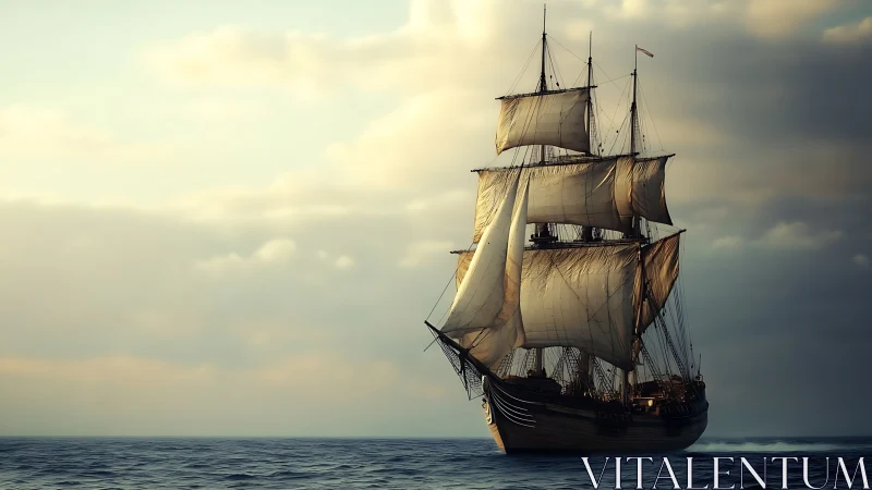 Sunlit tall ship chasing horizons under hushed pastel clouds.