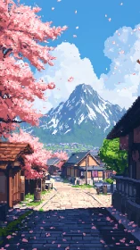 Pixel art spring village street under snow-capped mountain sky