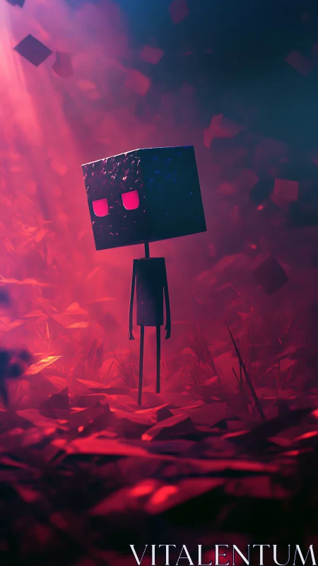 Lonely cube-headed wanderer glows softly in neon dusk