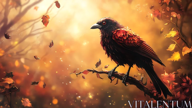 Autumn crow perched on branch in glowing, dreamy forest scene.