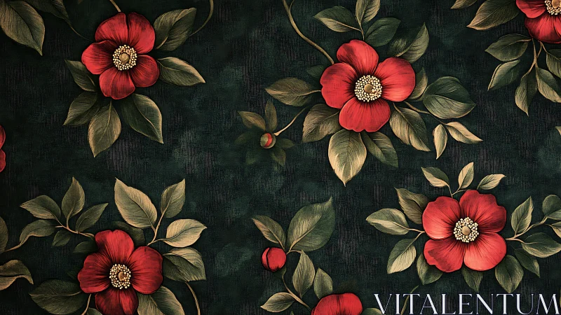 Botanical Pattern with Red Flowers on Dark Background