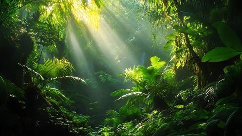Rainforest canopy with golden light rays penetrating dense vegetation.