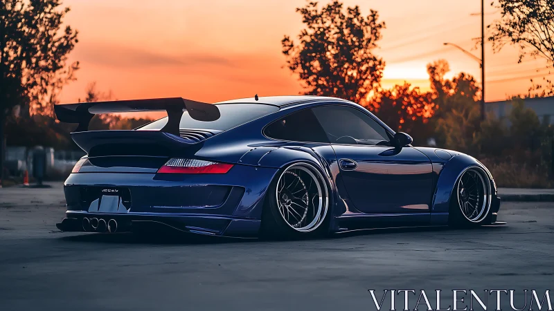 Low-slung blue sports car waits under a blazing urban sunset