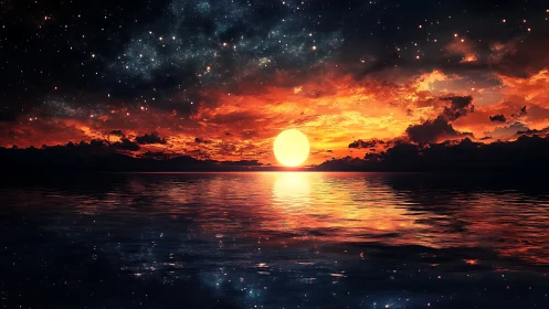 Celestial sunset orb reflecting over cosmic ocean horizon.