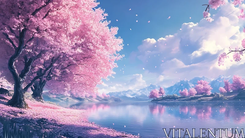 Blossoming cherry shoreline with reflective alpine lake panorama