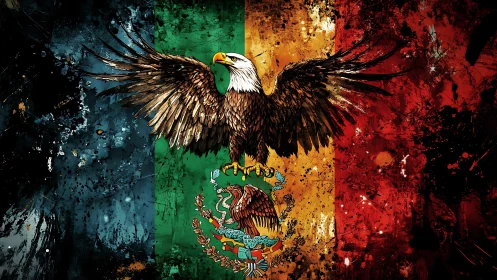 Grunge-rendered Mexican eagle emblem across tricolor field