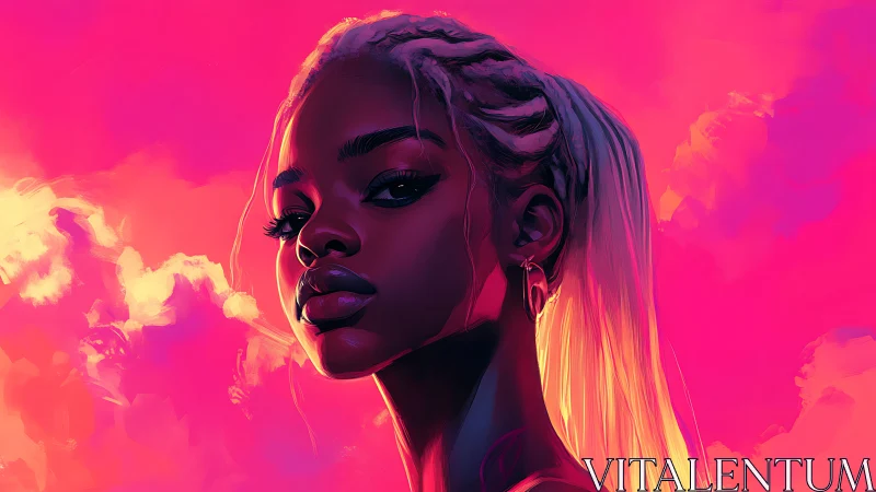 Neon dusk goddess gazes through flaming cotton candy skies.