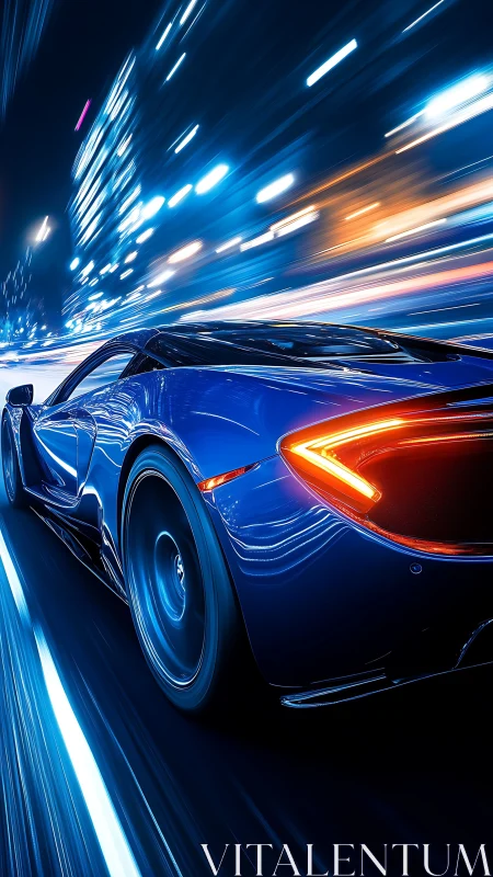 Neon blue supercar slicing through an electric nightscape.