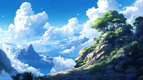 Skyward mountain path above a sea of drifting clouds.