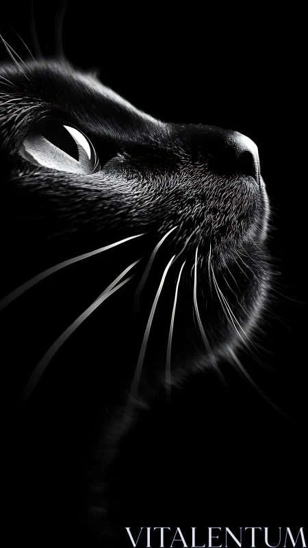High-contrast black cat portrait with luminous slit pupils against void.