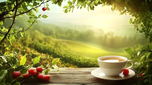 Sunlit countryside terrace frames a tranquil tea moment.