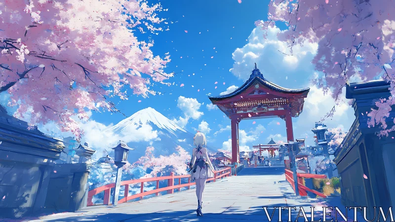 Spring shrine promenade under sakura with distant snowy peak.