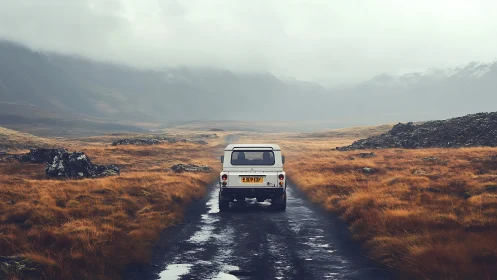 White off-road vehicle on wet track across misty valley.