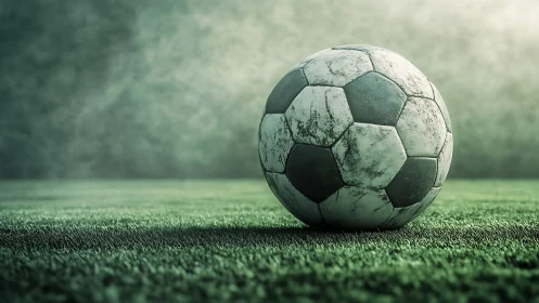 Weathered soccer ball resting on green grass field surface.